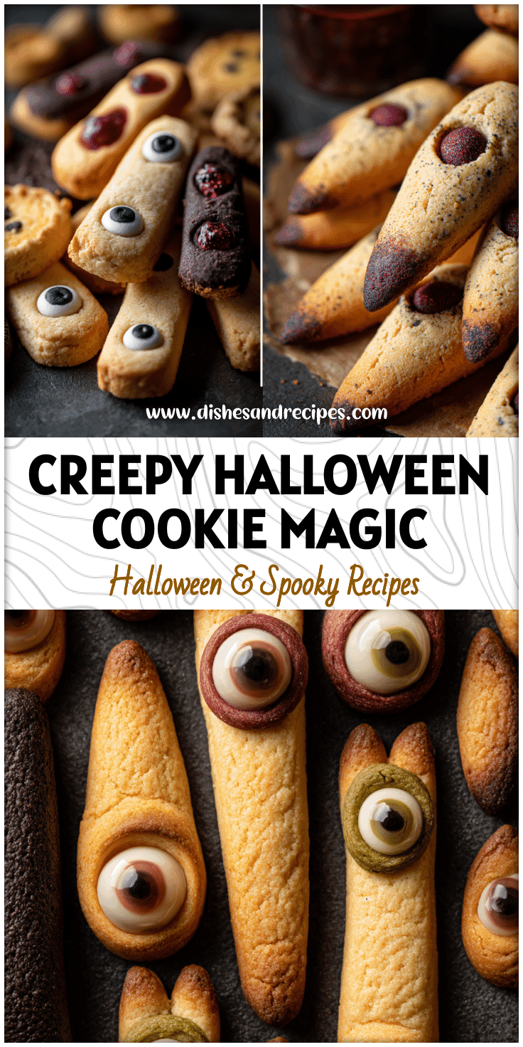 Close-up of freshly baked Witches Finger Cookies and Eyeball Cookies on a dark Halloween background.